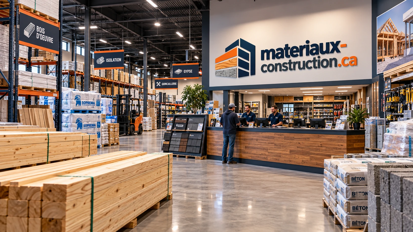 Intérieur d'un centre de matériaux de construction, avec comptoir de service, rayons de bois d'œuvre, d'isolation et de gypse