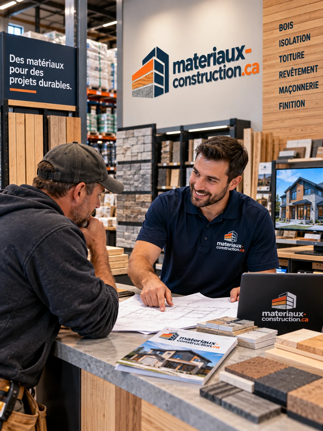 Conseiller et entrepreneur examinant des plans au comptoir d'un centre de matériaux, devant des échantillons de pierre et de revêtement
