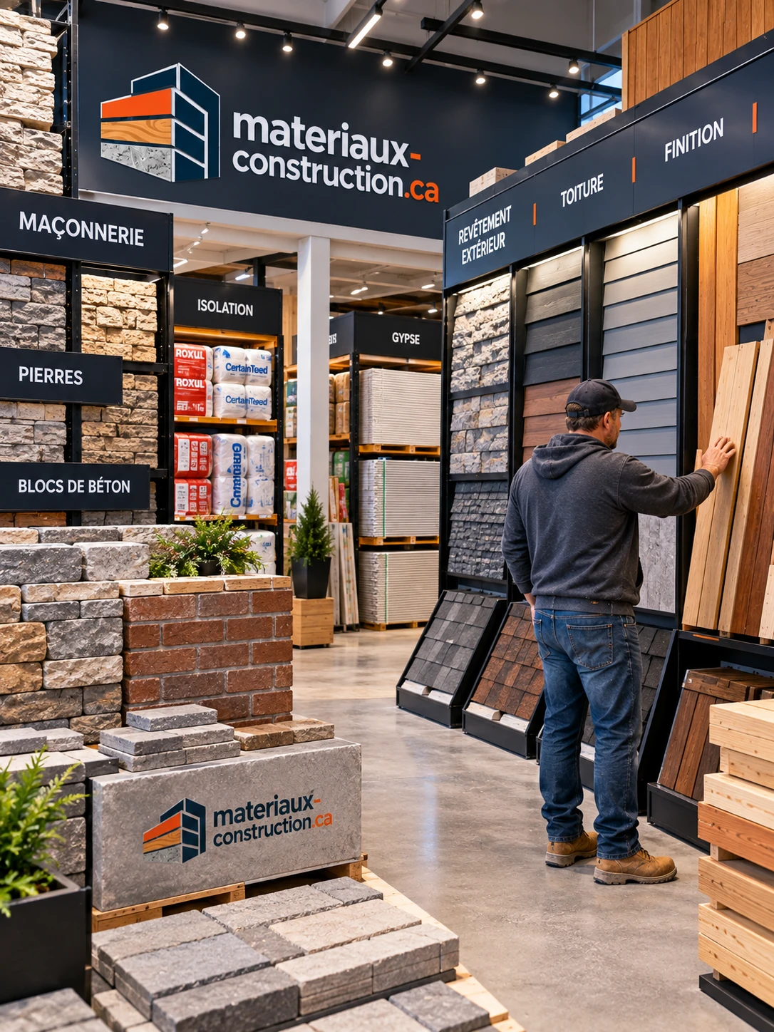 Salle d'exposition de matériaux avec présentoirs de pierres de parement, de briques, de blocs de béton et d'échantillons de revêtement extérieur